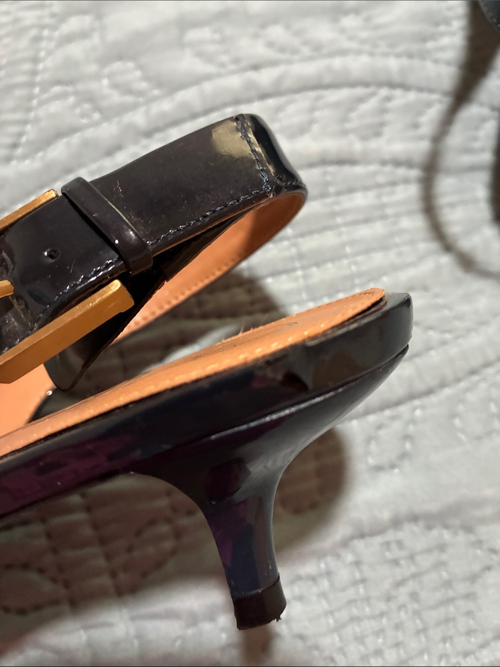 Calvin Klein Black Patent Pointed Slingback Heels with Gold Buckle - Picture 4 of 6